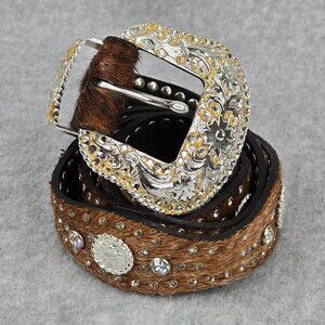 Nocona Belt Womens XL Leather Hair Rhinestone Studded Western Cowboy Bling 46"